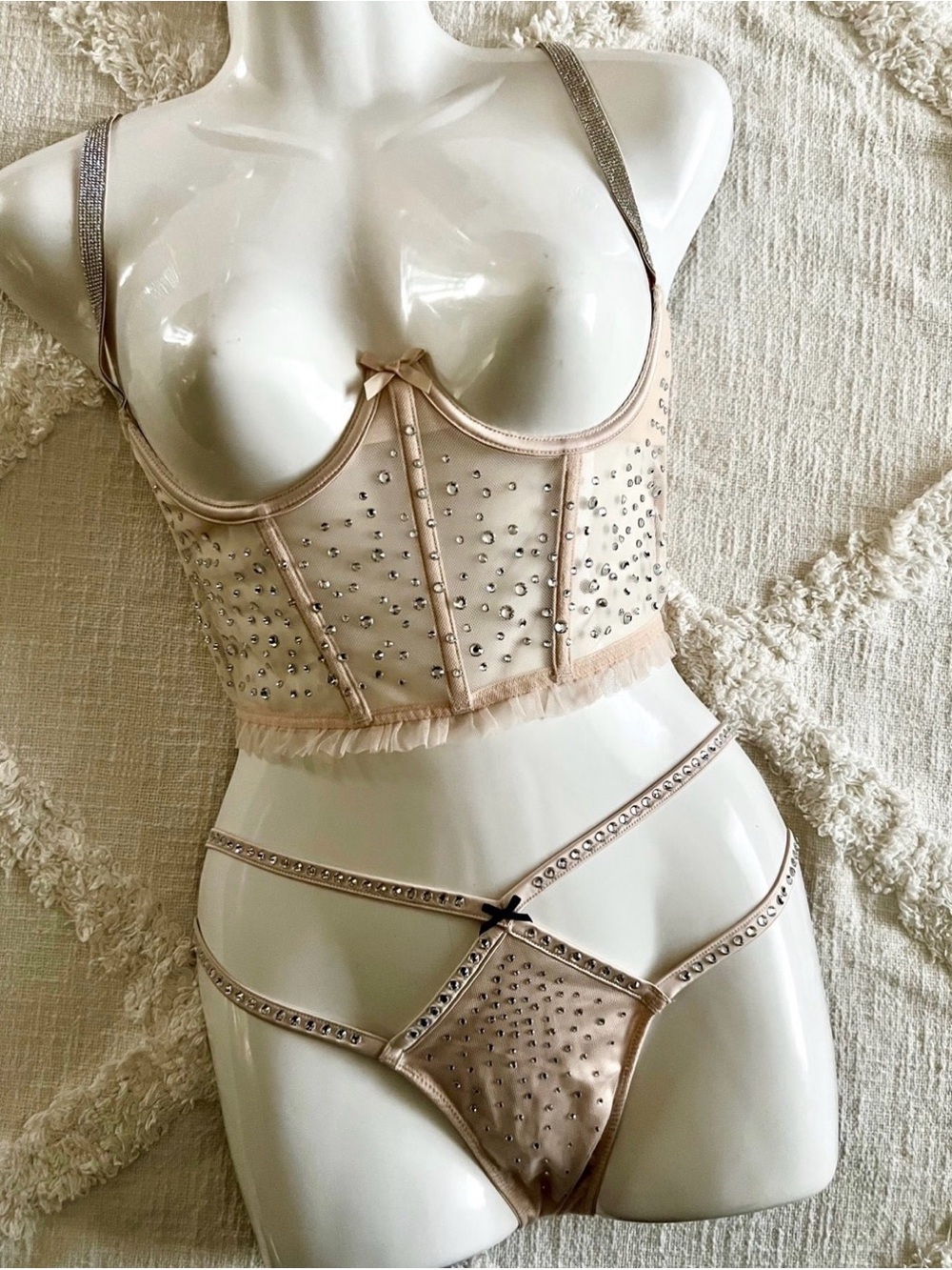 Sheer Embellished Bustier & Strap Panty Set - Nude